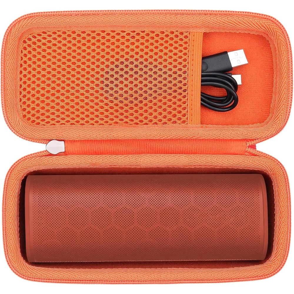 Khanka hard travel case front view showing orange protective shell for portable smart speakers