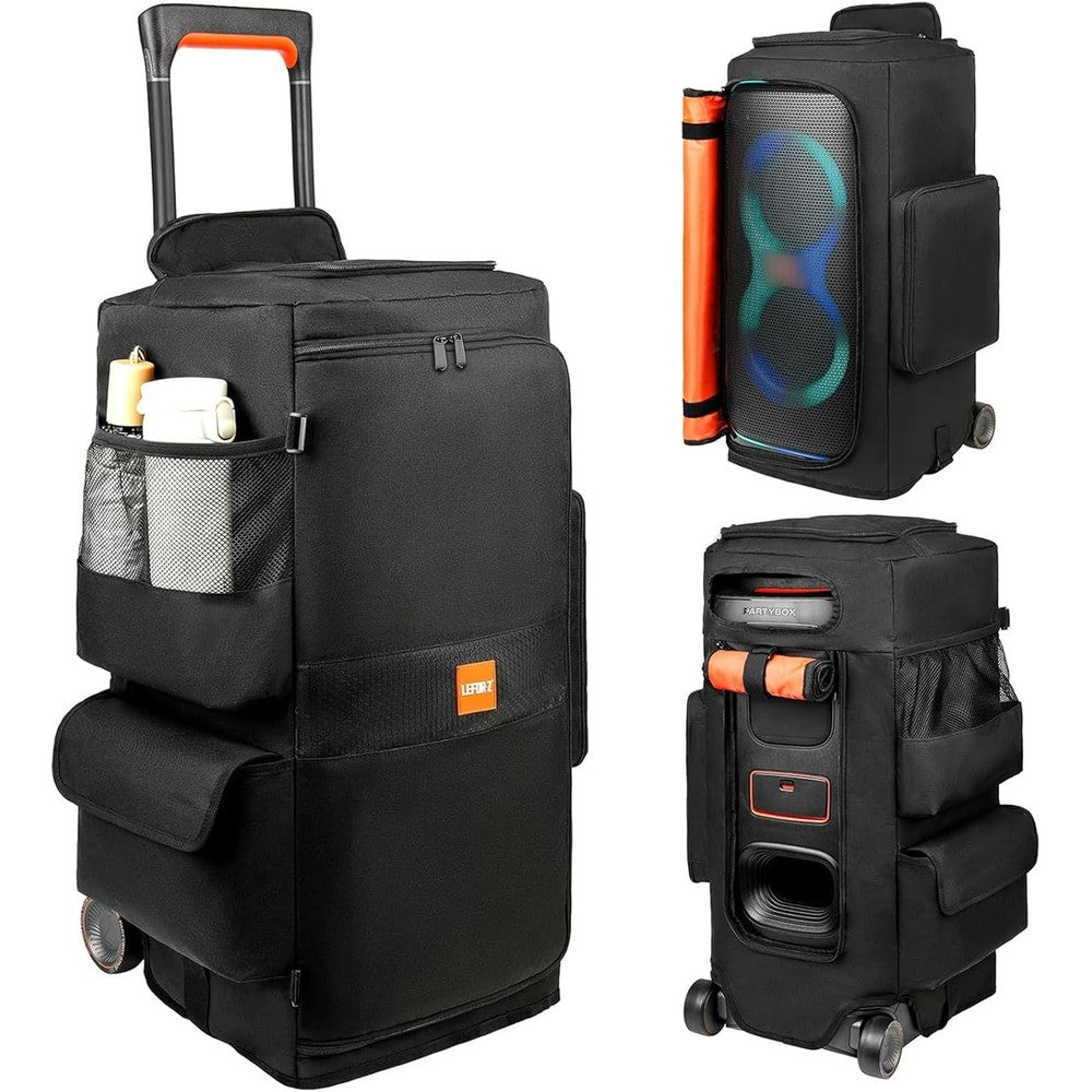 LEFORZ speaker case compatible with JBL PartyBox 320 front view showing black and orange accents
