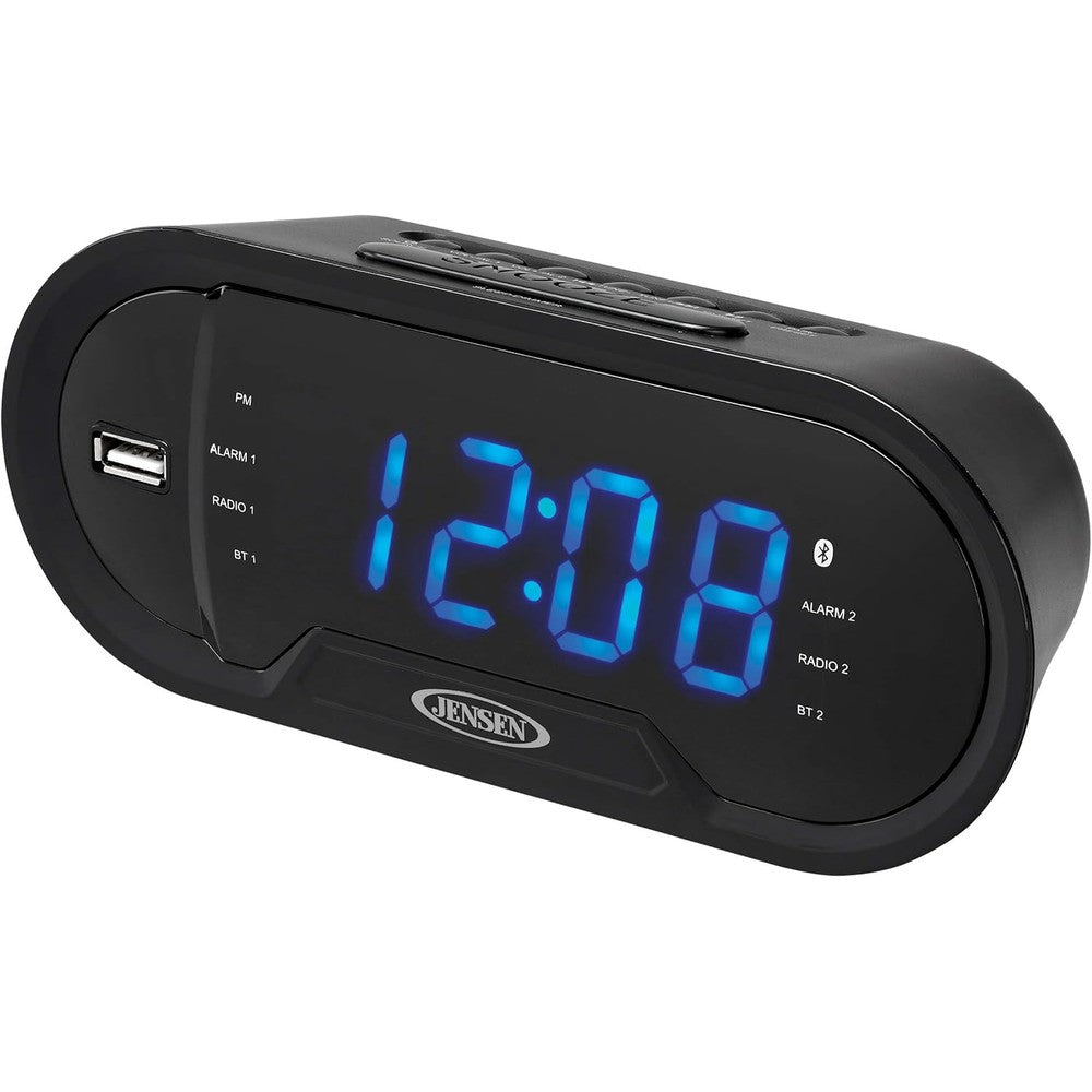 Jensen JCR-298 front view showing blue LED time display