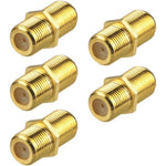 VCE Coaxial Cable Connector 5-pack front view showing gold-plated female-to-female threads