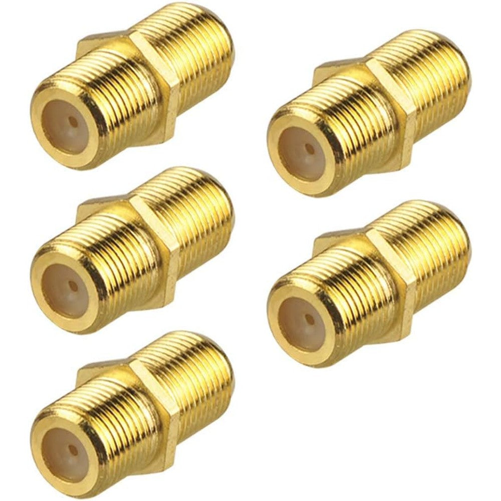 VCE Coaxial Cable Connector 5-pack front view showing gold-plated female-to-female threads