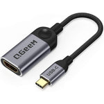 QGeeM USB C to HDMI adapter front view showcasing the premium gray aluminum casing and gold-plated connector.