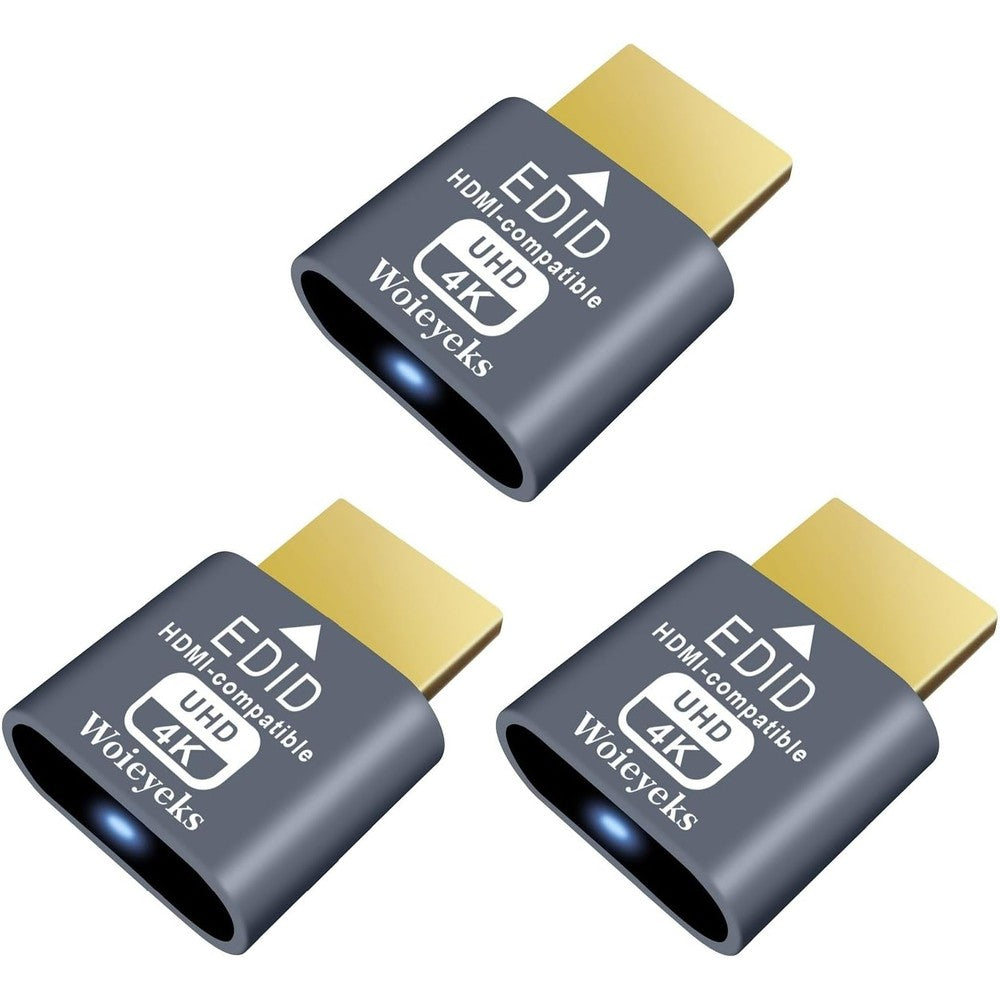 Woieyeks 3 Pack HDMI Dummy Plug 4K front view showing gold-plated connector pins.