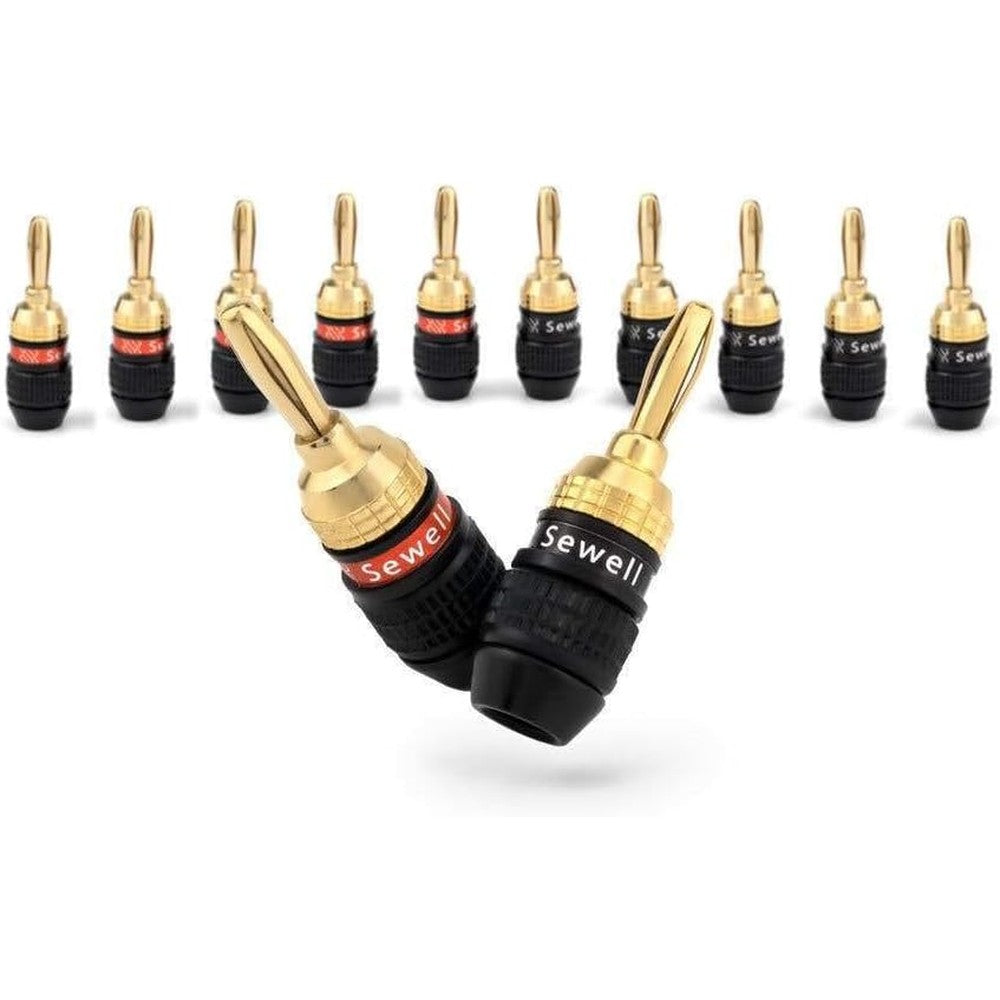 Sewell Deadbolt banana plugs six pairs pack showing gold plated front connector tips.
