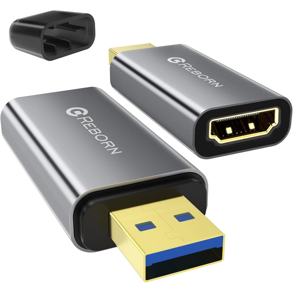 Reborn USB to HDMI adapter front view showing aluminum alloy shell construction