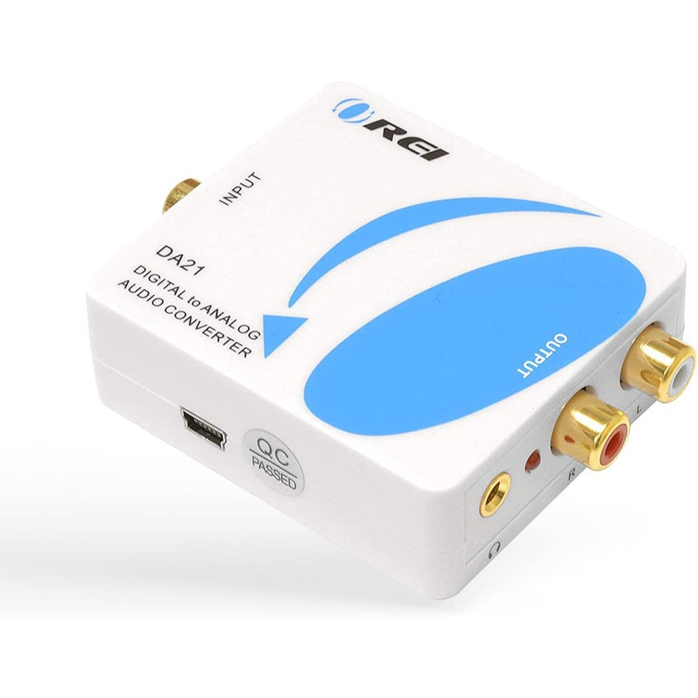 OREI DA21 digital to analog audio converter front view showcasing the white compact housing structure