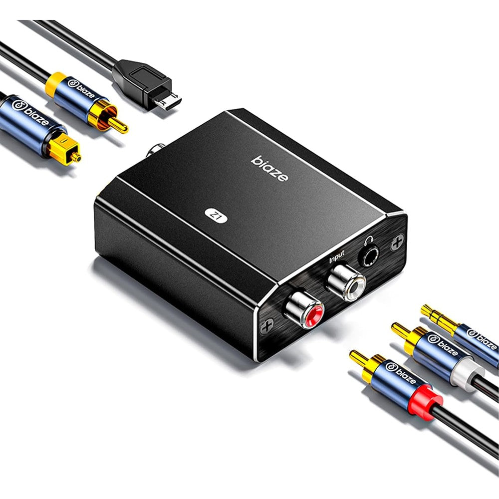 Biaze analog to digital audio converter front view showcasing RCA and 3.5mm inputs