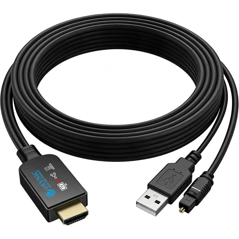 eSynic portable eARC audio extractor front view showing HDMI and optical connector lines.