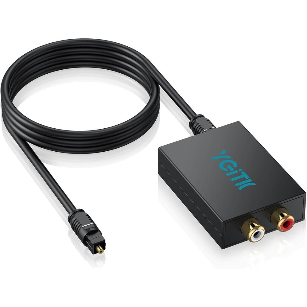 YGiTK digital to analog audio converter front view showcasing sleek black metallic casing