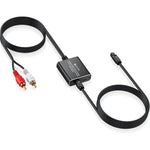 eSynic RCA to Optical Audio Converter front view showcasing the premium aluminum alloy shell and integrated audio cable.