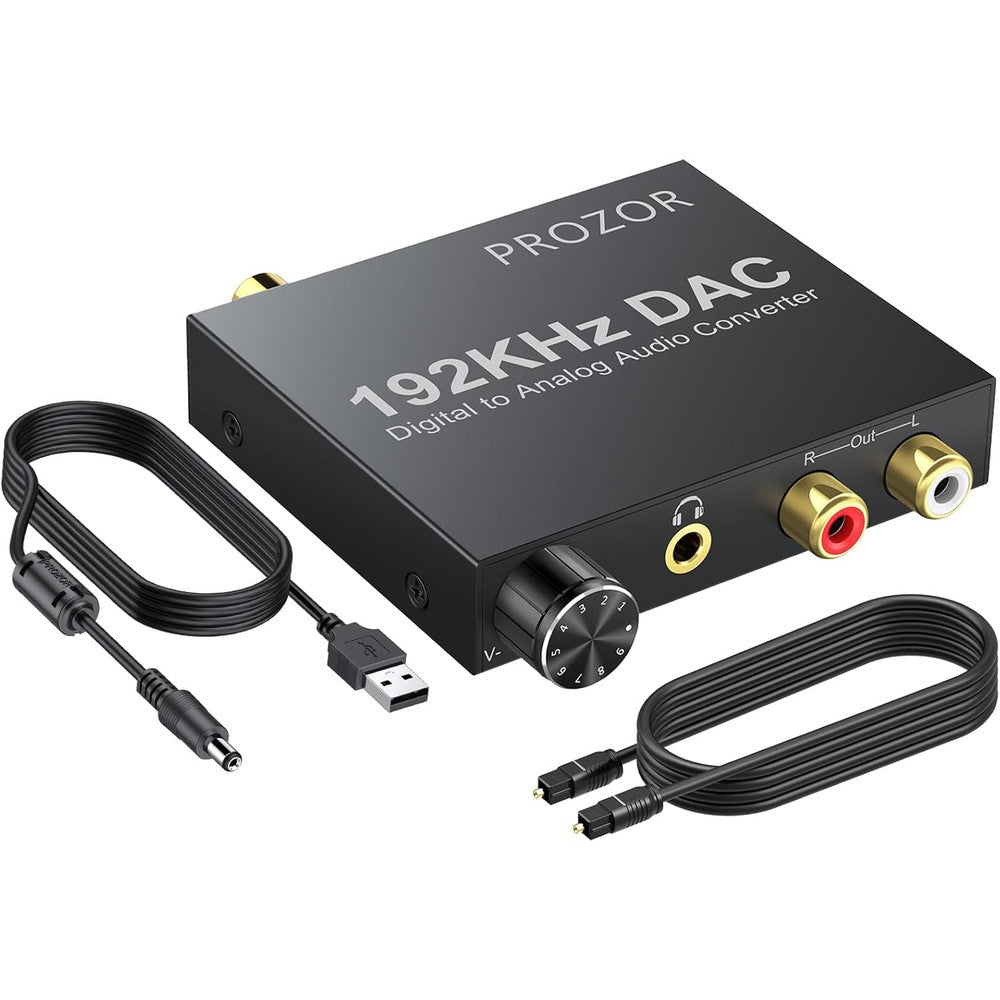 PROZOR 192KHz digital to analog audio converter front view showcasing volume control knob and headphone port.