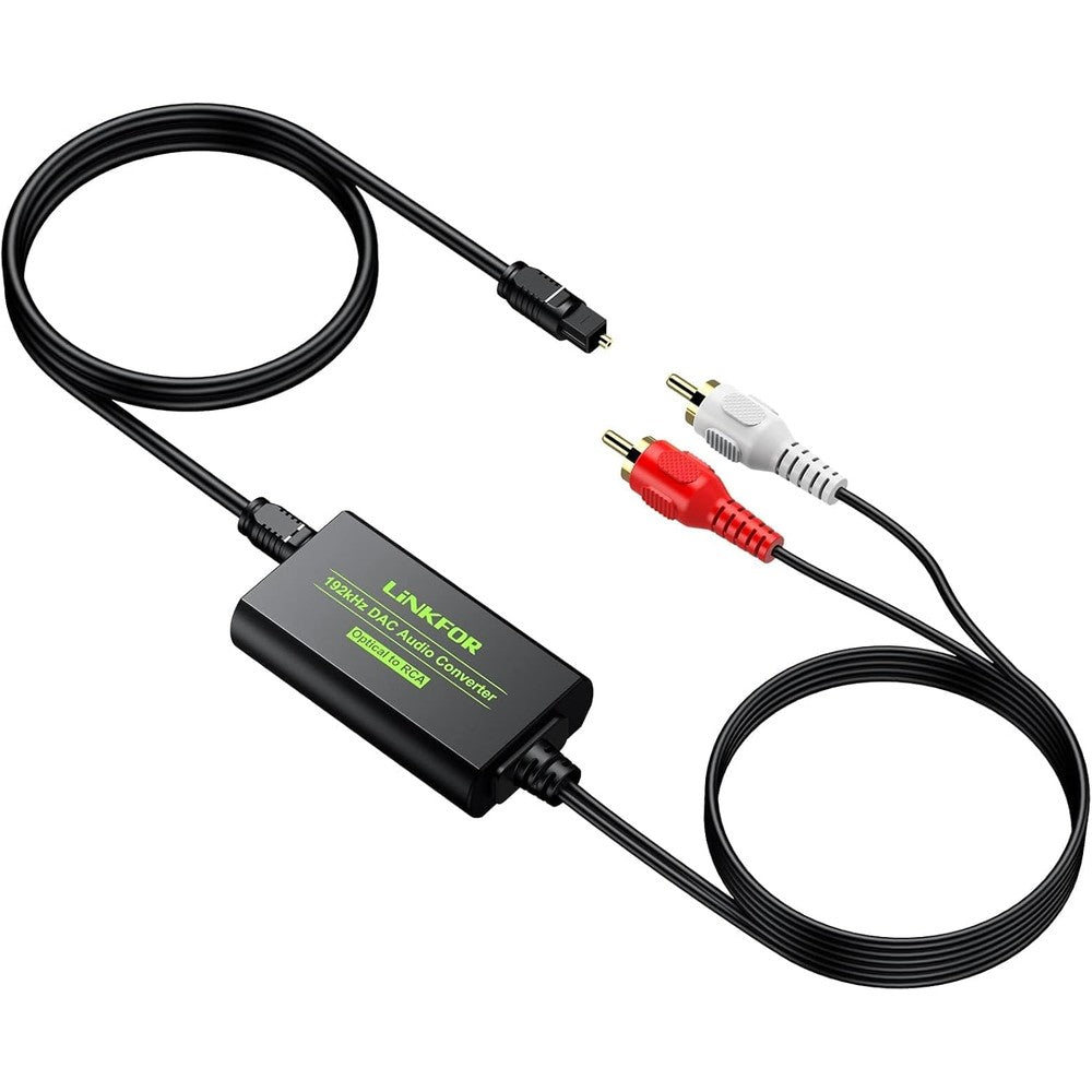 LiNKFOR digital to analog audio converter front view showing optical input and premium rca cable connections