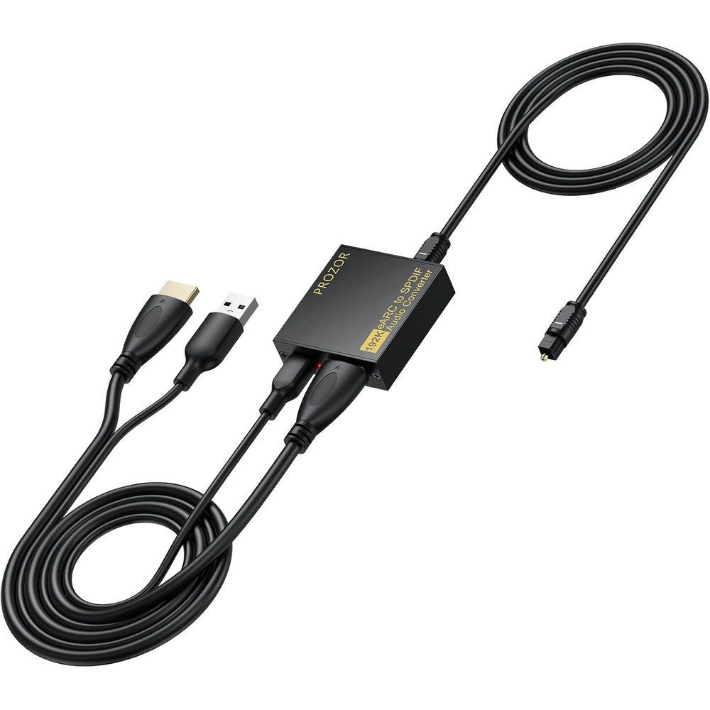 PROZOR HDMI eARC to optical audio extractor front view highlighting aluminum alloy housing