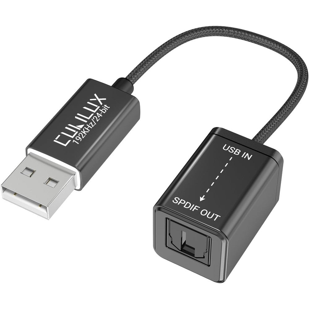 Cubilux USB A to TOSLINK Optical Audio Adapter front view showing the premium braided cable design.