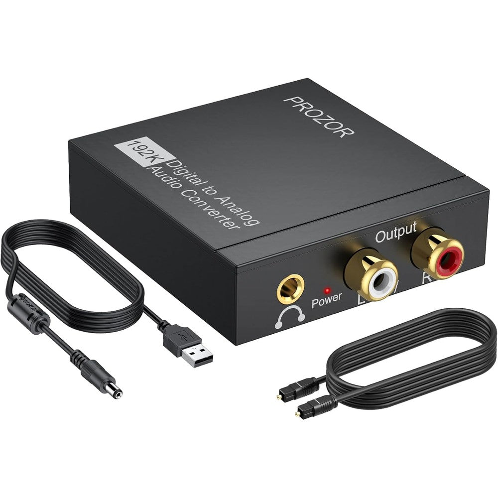 Prozor digital to analog audio converter front view showing the optical input port and volume knob.