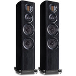 Wharfedale EVO 4.3 floorstanding speakers front view showcasing the Black Oak finish and premium drivers.