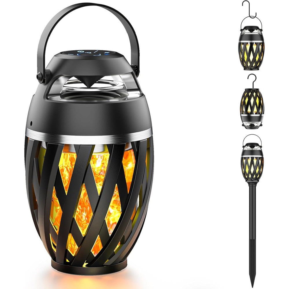 Xpoovv outdoor flame bluetooth speaker front view showing realistic flickering led torch light on patio table