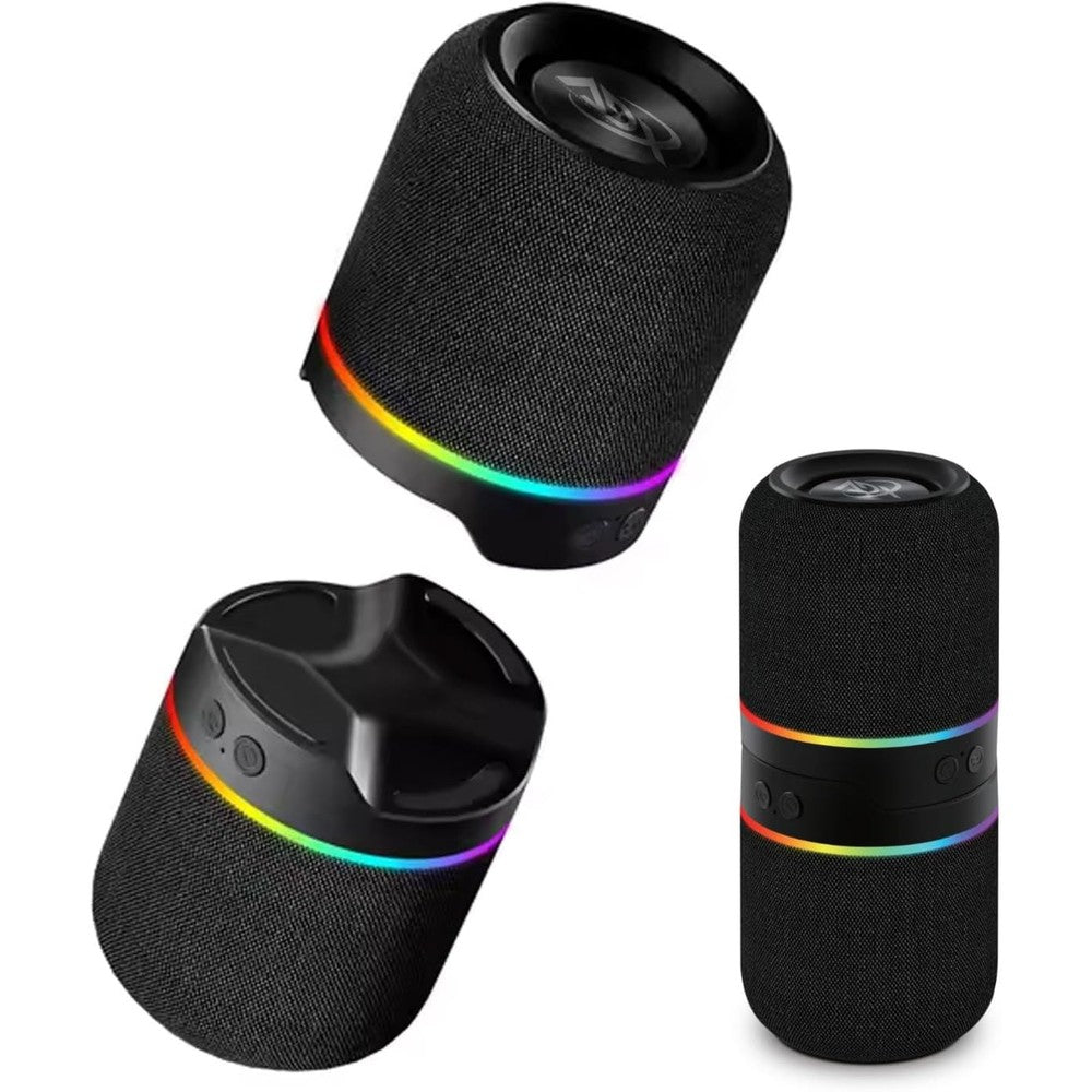 ADX Universal By Design True Wireless Stereo Split Speakers front view showing two detached black units with premium fabric mesh.