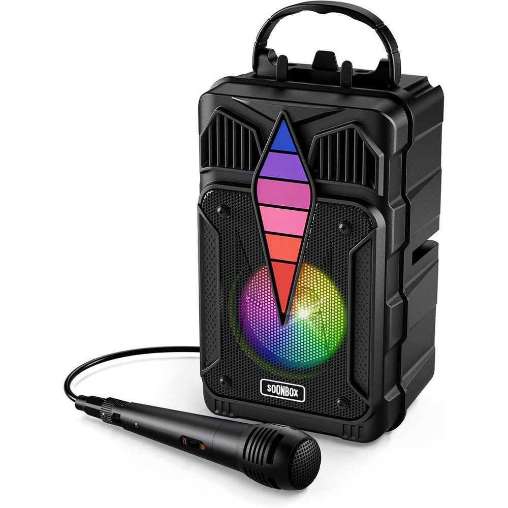 Dnil portable speaker front view showing black finish and RGB lighting grid.