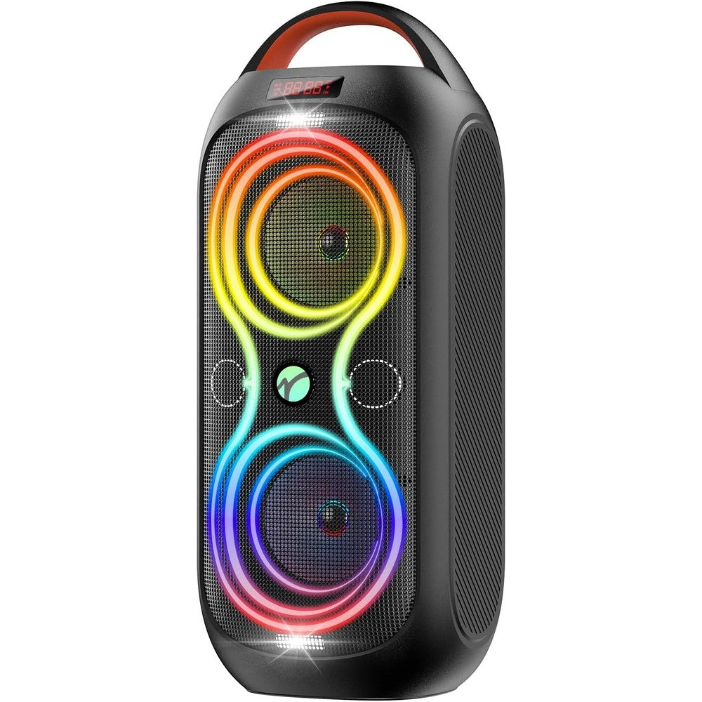 ABigDay party bluetooth speaker front view showing dual four inch woofers and top handle.