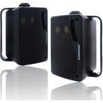 STUDIOFINIX outdoor bluetooth speakers front view mounted on patio wall showing sleek black finish.