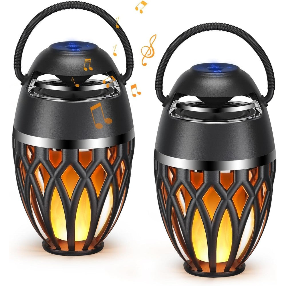 MOFOKEAY outdoor bluetooth speakers front view with glowing LED flame lights
