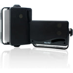 Herdio outdoor bluetooth speakers front view mounted on patio wall showing premium black grills