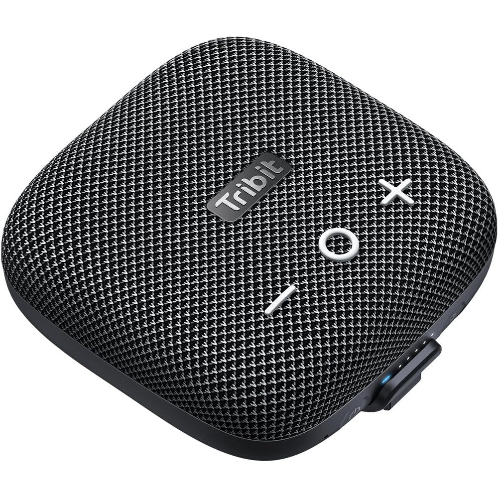 Tribit StormBox Micro 2 wireless portable speaker in black showing textured finish and front volume buttons