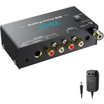 YGiTK phono turntable preamp front view showing gold plated RCA inputs and power button.