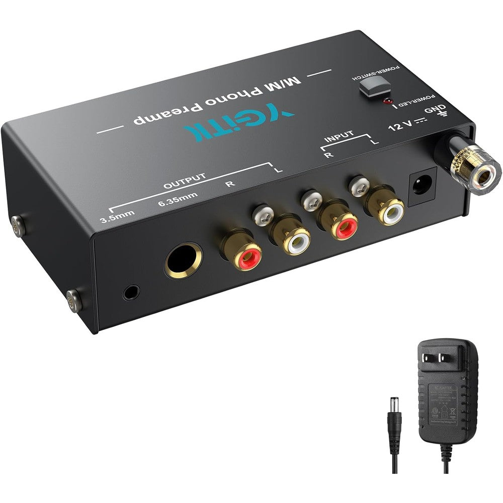 YGiTK phono turntable preamp front view showing gold plated RCA inputs and power button.