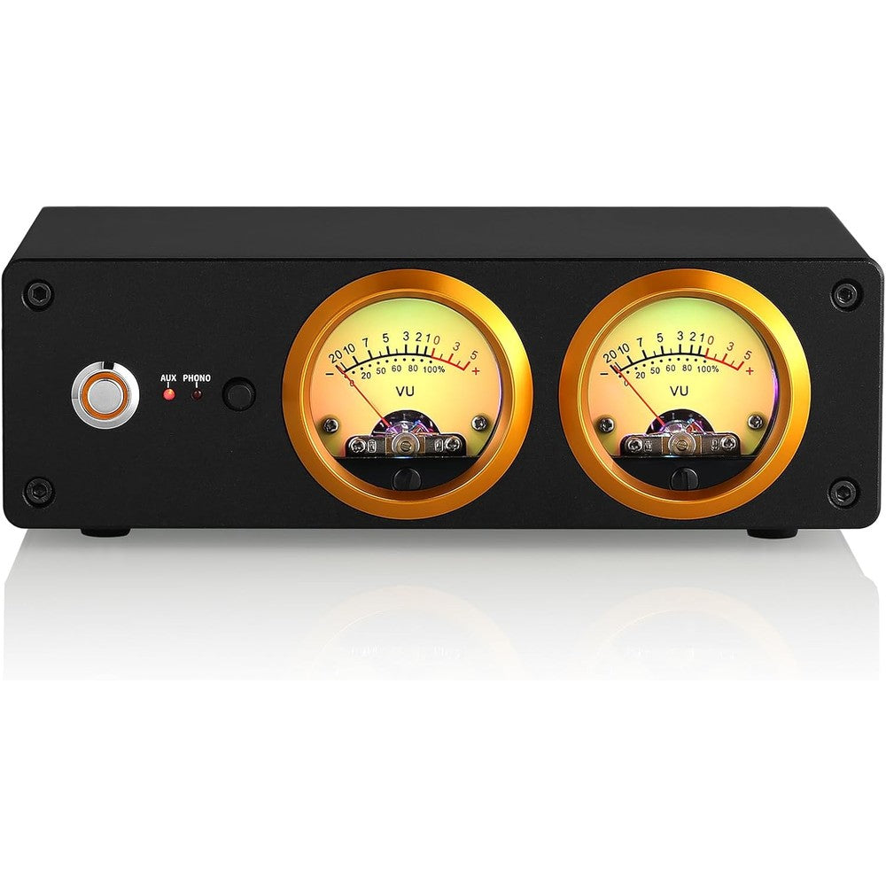 Douk Audio T13 phono preamp front view showing dual full color analog volume unit meters on desktop