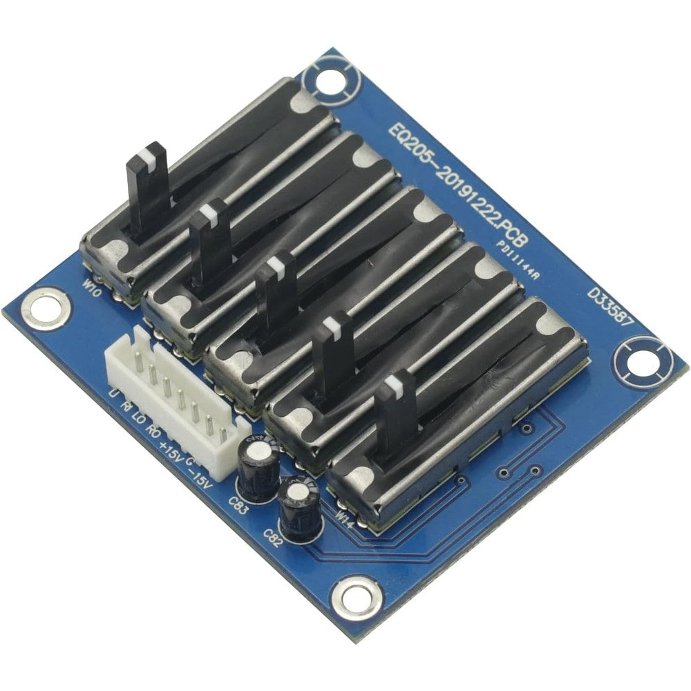 GODIYMODULES Stereo 5-Band Equalizer Board front view highlighting the five sliding tone potentiometers on a blue circuit board.