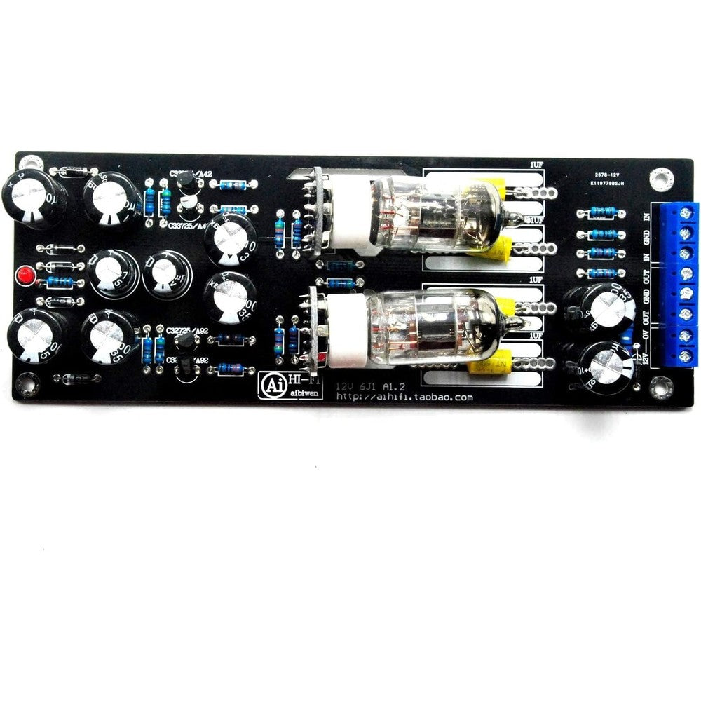 YILUBAO 6J1 valve preamplifier board front view showcasing dual vacuum tubes installed on the circuit board.
