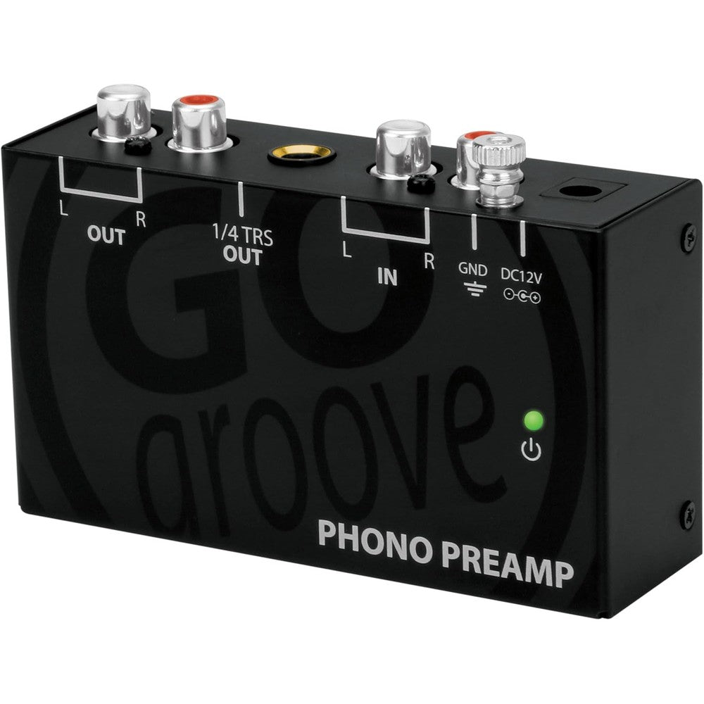 GOgroove Mini Phono Turntable Preamplifier front view showing the compact black chassis and input interfaces.