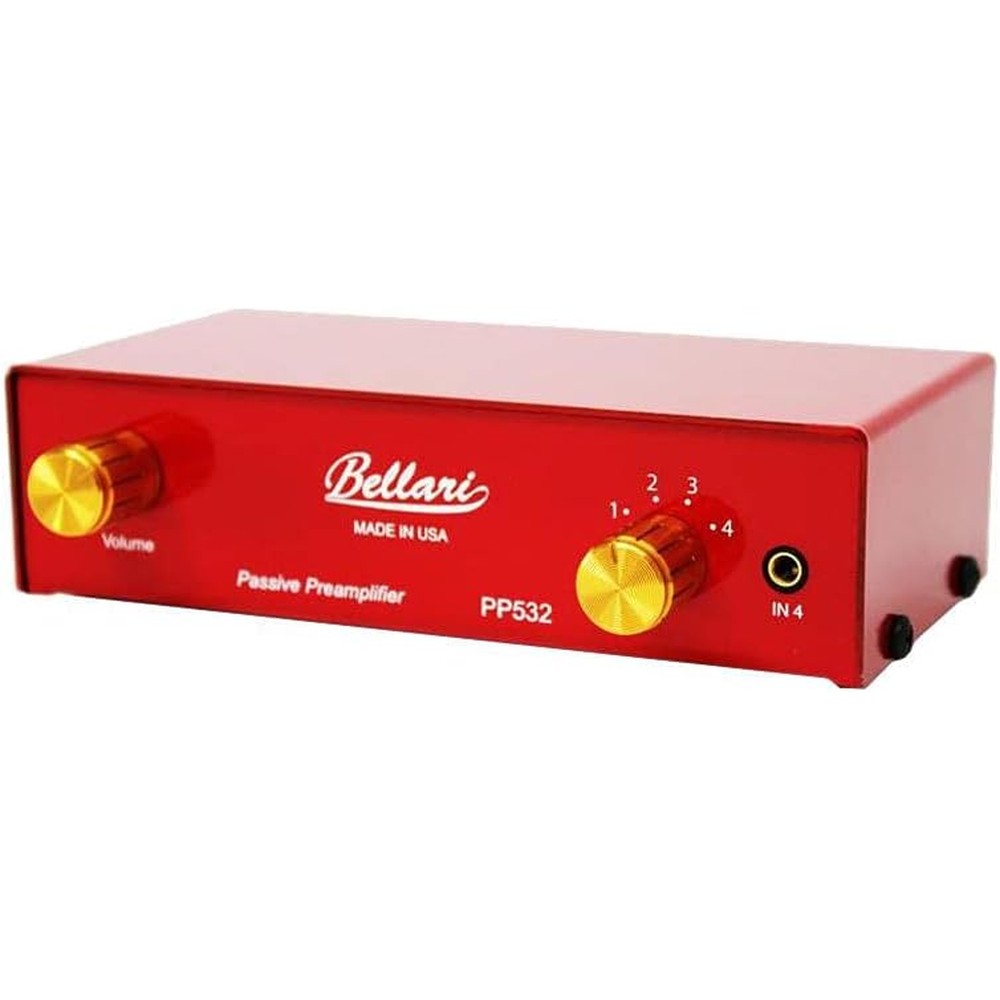 Bellari PP532 Passive Preamplifier front view showing red steel chassis and volume knob