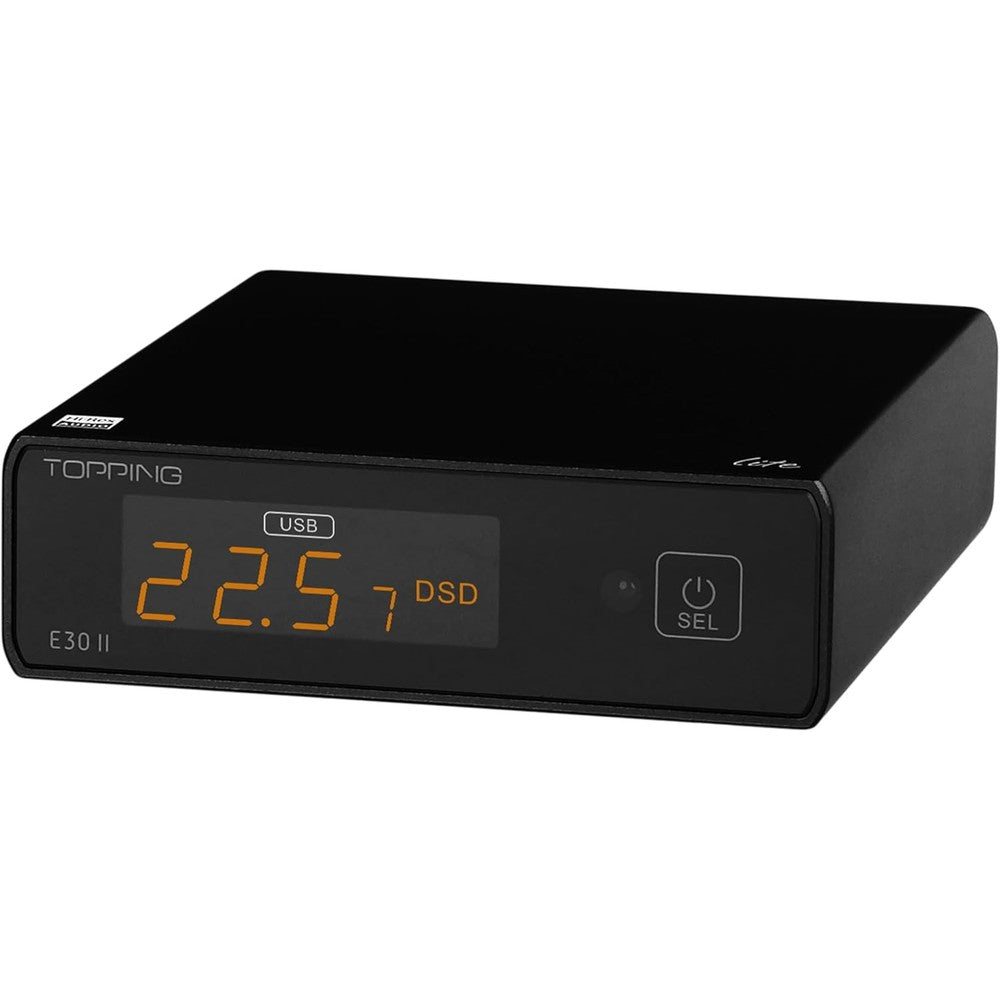 Topping E30 II Lite Desktop DAC front view showing the clean LED display screen and touch power button