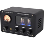 Mulcort audiophile tube preamplifier front view showing vacuum tubes and glowing analog VU meter