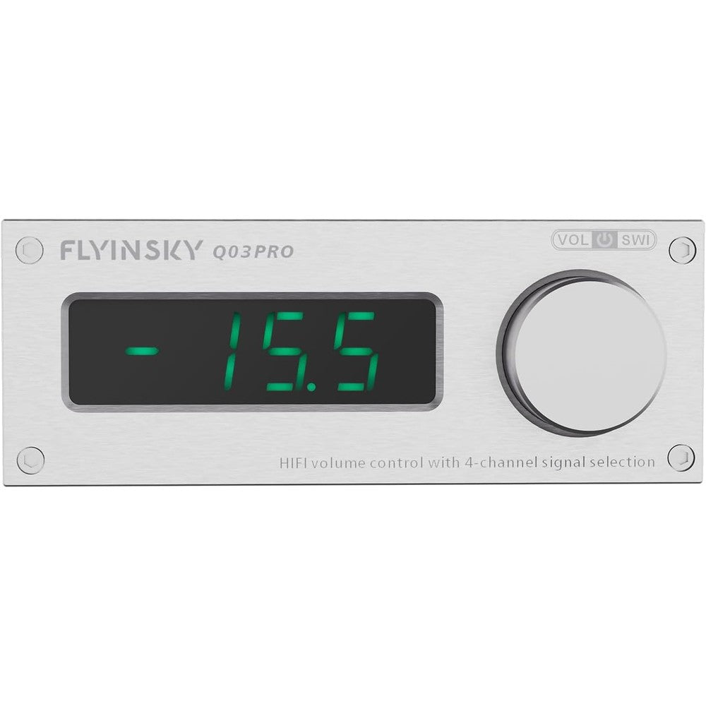 FLYINSKY HiFi Q03Pro preamplifier front view showing silver aluminum chassis and dual control knobs.