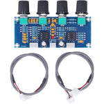 KIMISS dual channel preamp module front view showing the four tuning potentiometers and the green printed circuit board