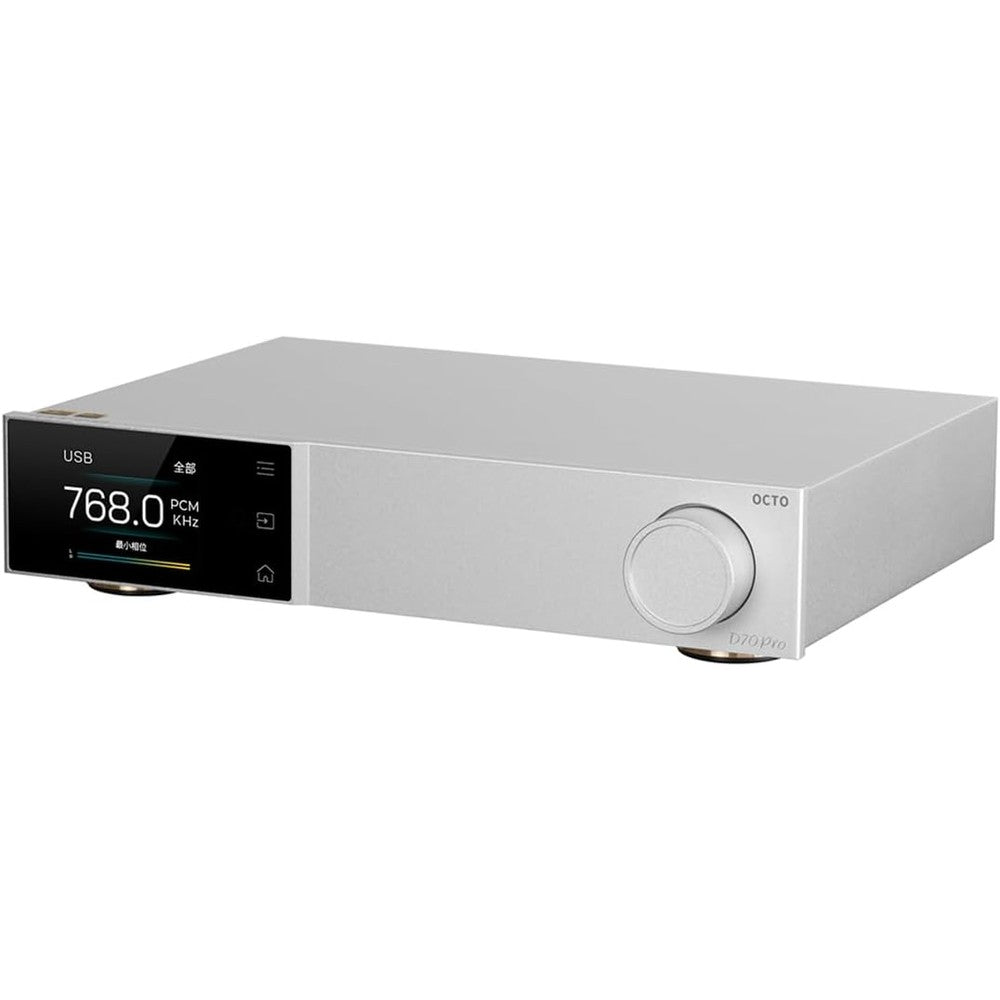 AOSHIDA Topping D70 Pro OCTO flagship DAC front view showing silver aluminum chassis and full color display screen