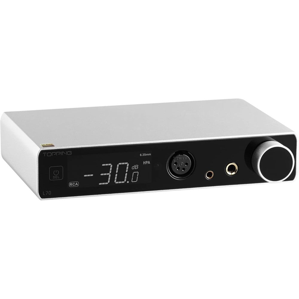 KGUSS Topping L70 fully balanced headphone amplifier front view showing digital display and audio jacks.