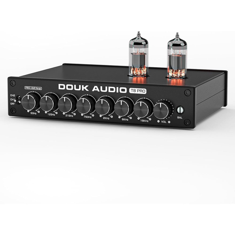 Douk Audio T8 PRO front view showing seven band equalizer knobs and glowing vacuum tubes for home stereo systems.