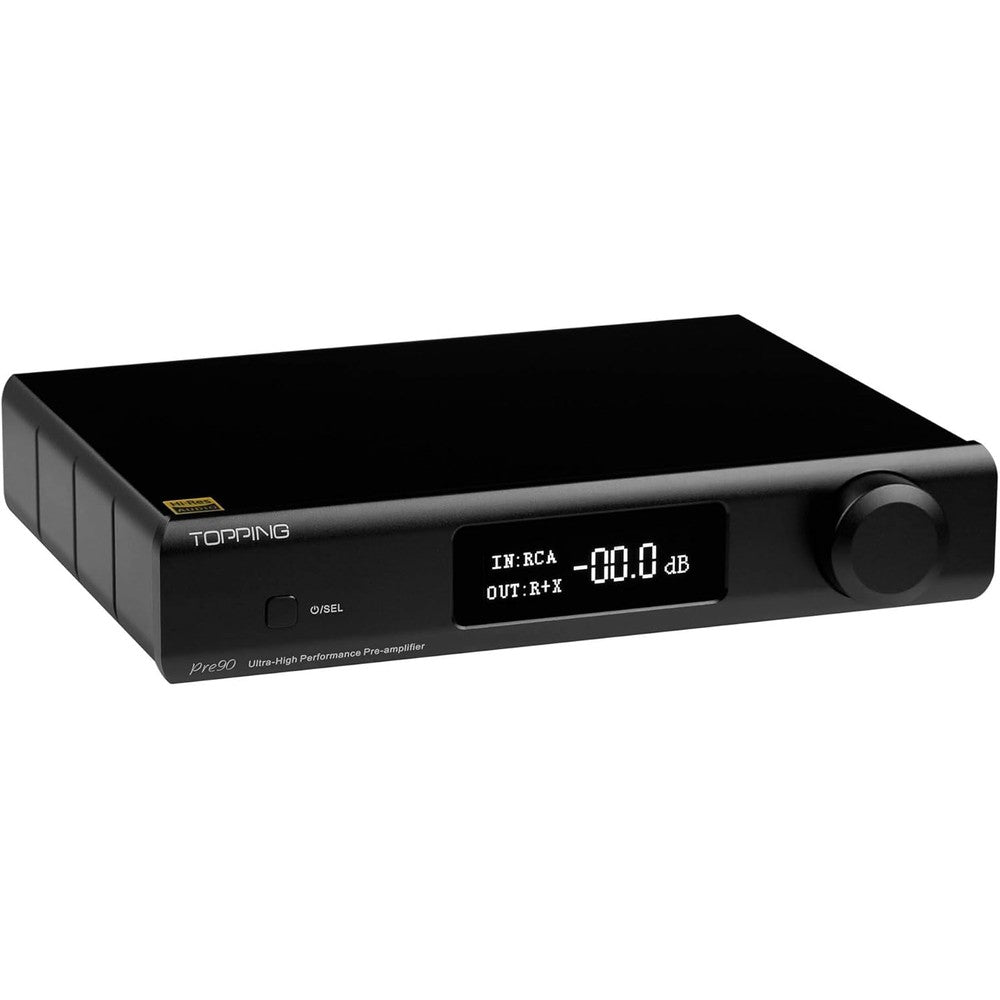 KGUSS Topping PRE90 preamplifier front view showing black aluminum chassis and volume control knob.