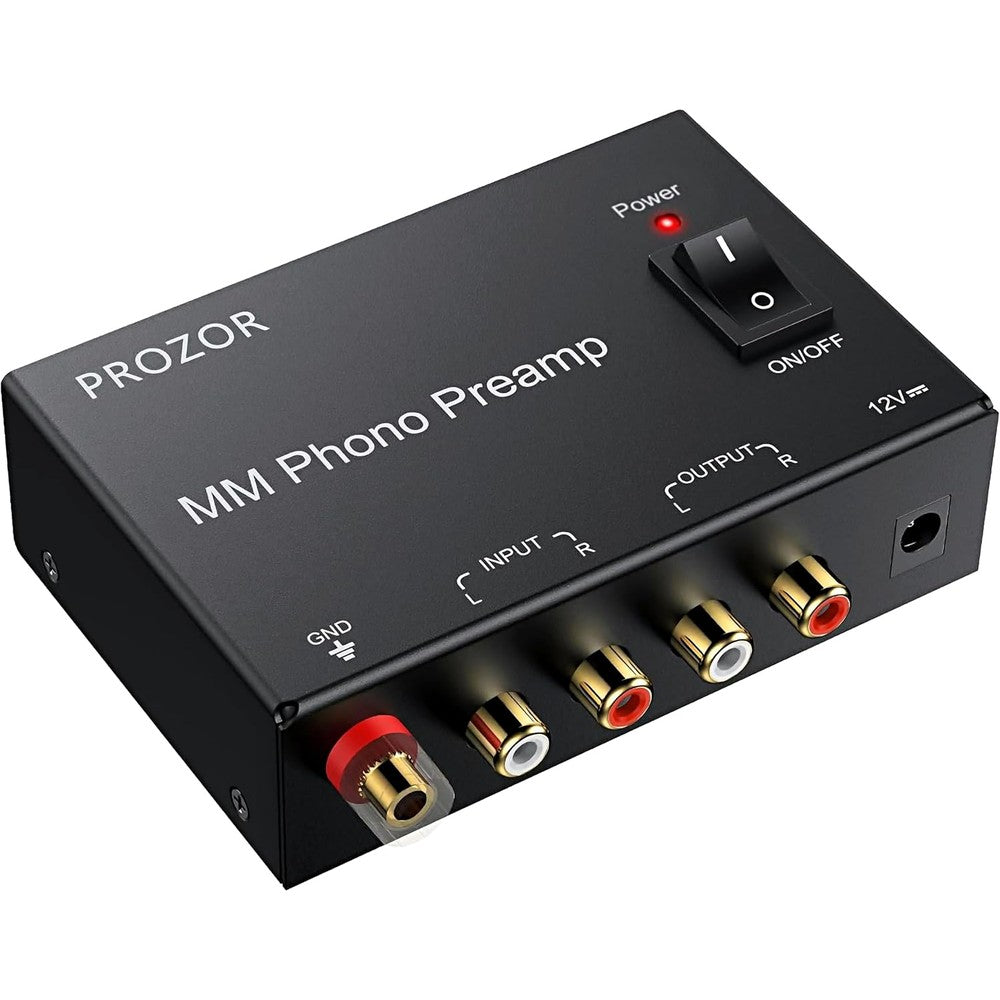 PROZOR MM Phono Turntable Preamplifier front view showing the physical power switch and sleek black metal chassis