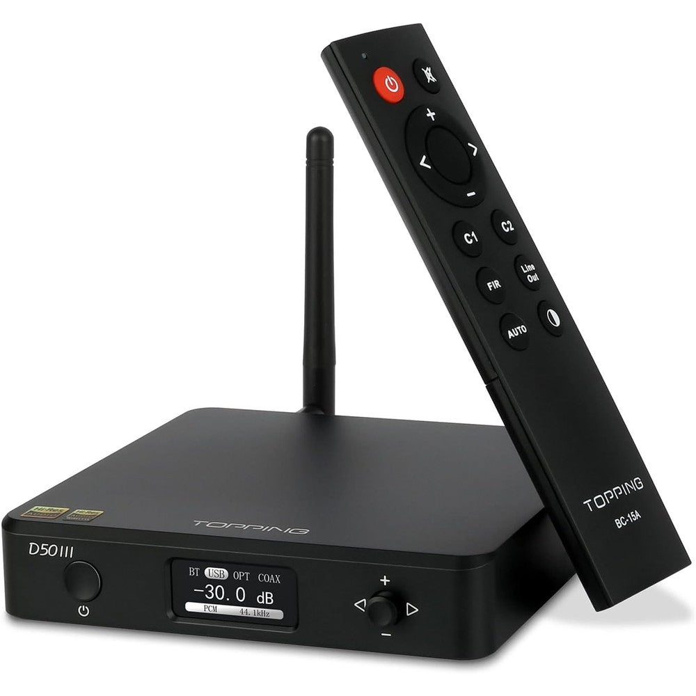 KGUSS Topping D50 III desktop digital to analog converter front view highlighting sleek black aluminum chassis and bright OLED display.