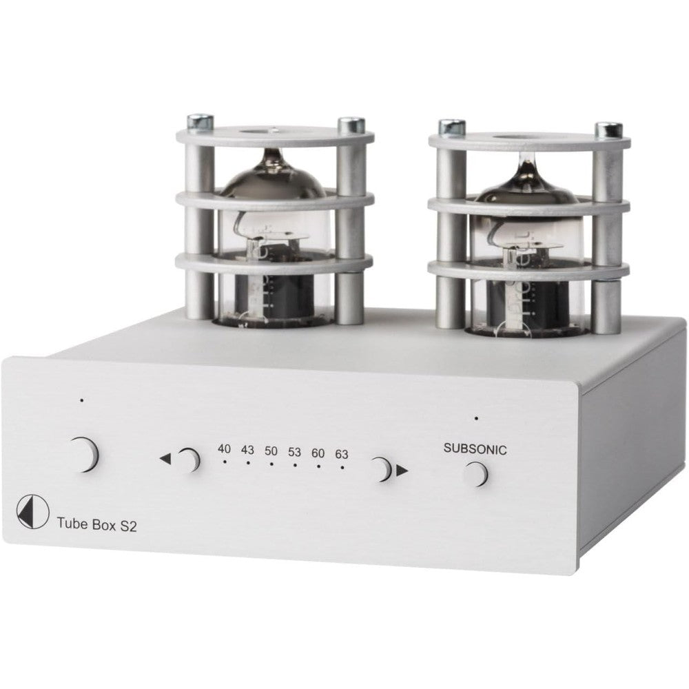 Pro-Ject Tube Box S2 Phono Preamplifier silver front view showing adjustment buttons and exposed vacuum tubes.