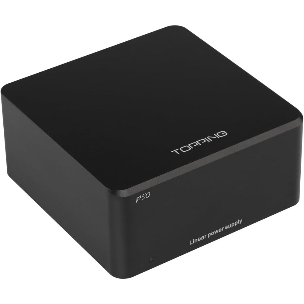 Topping P50 Linear Power Supply front view showcasing premium black aluminum finish for audiophile gear setup
