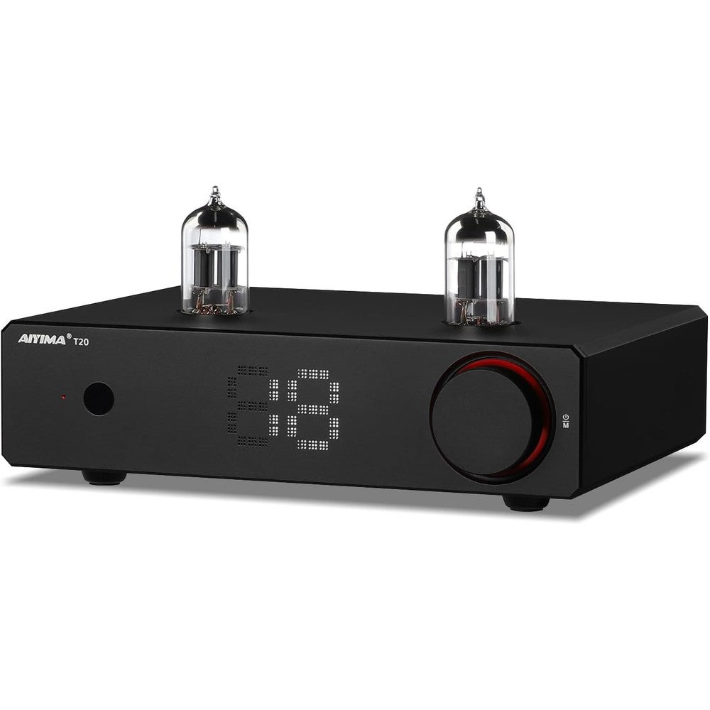 AIYIMA T20 fully balanced tube preamp front view highlighting the digital volume display and sandblasted chassis.