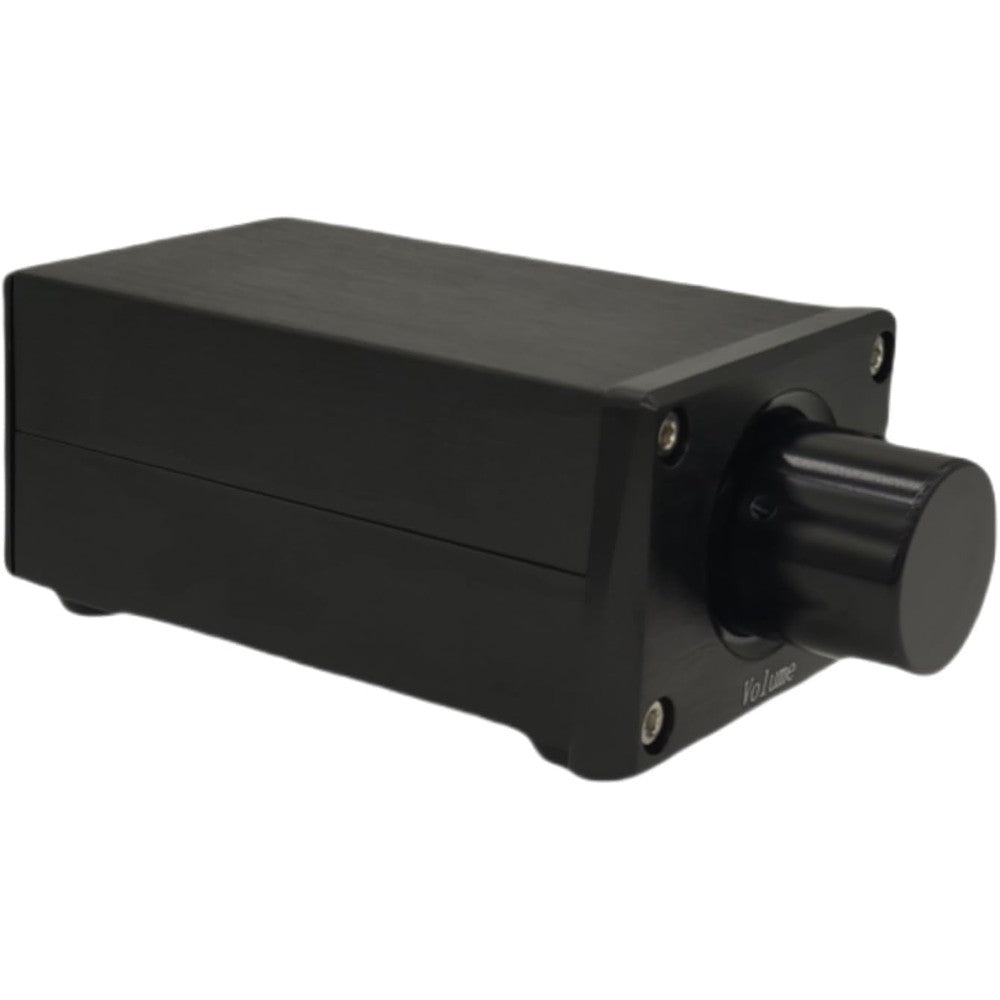 Solupeak stereo RCA analog volume controller front view showing solid aluminum knob