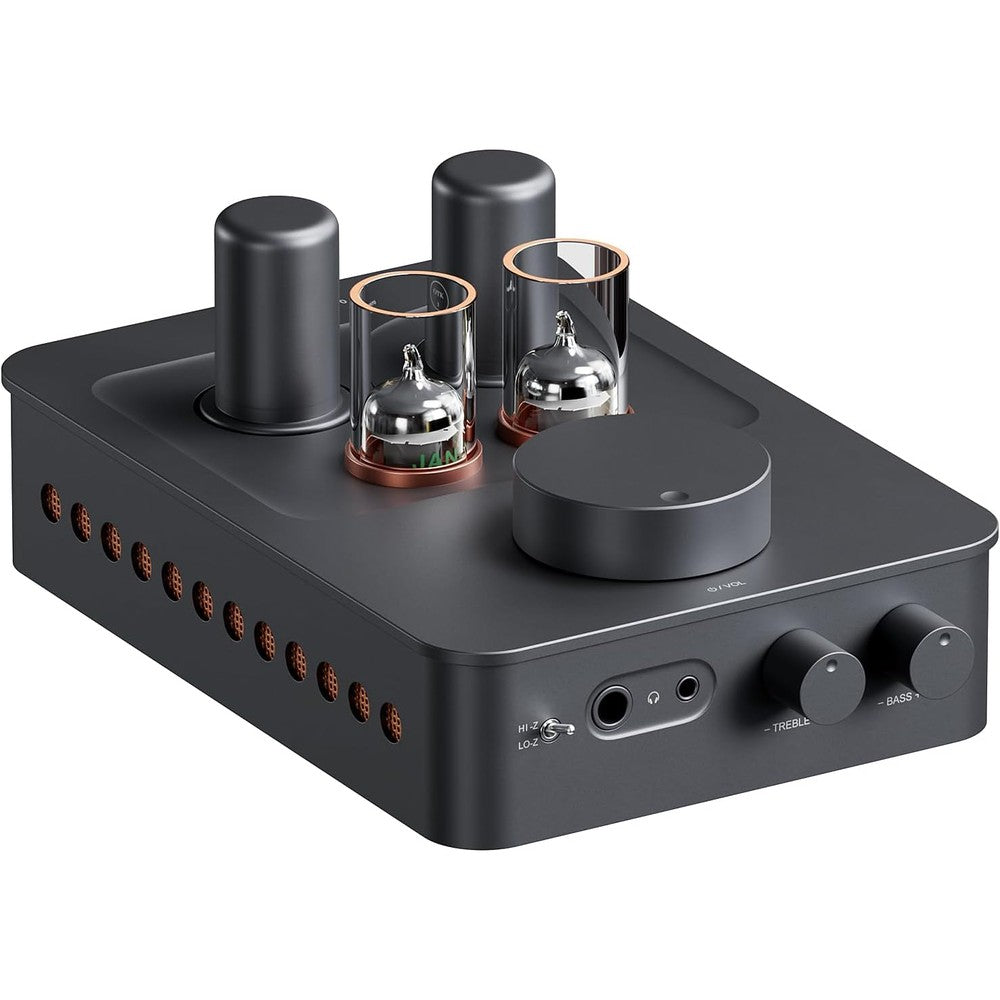 Fosi Audio GR70 tube headphone amplifier front view showing volume and tone knobs